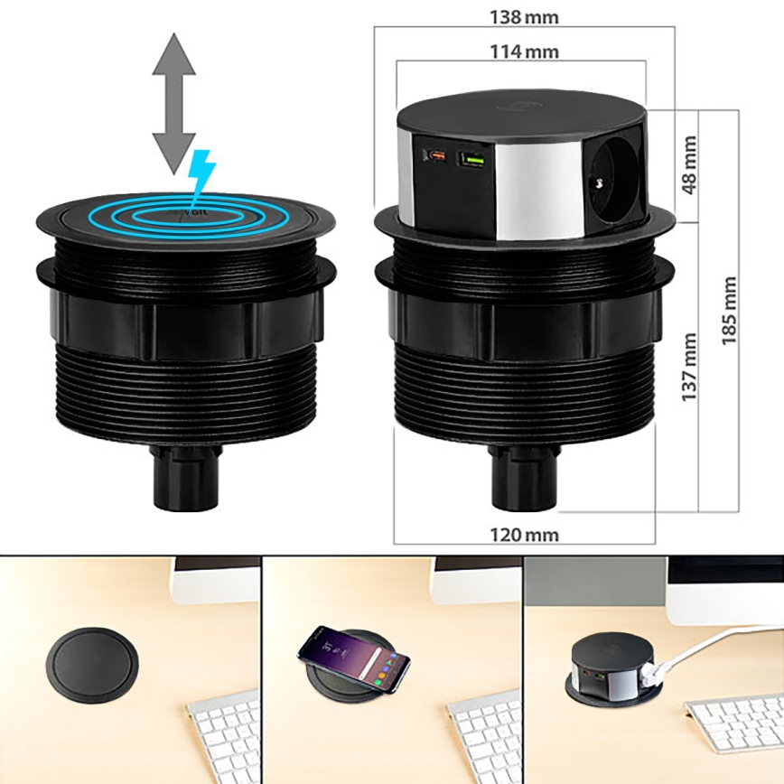 Vtičnica za namizno ploščo z brezžičnim polnjenjem Qi 3x230V + 1xUSB-A + 1xUSB-C črna/srebrna