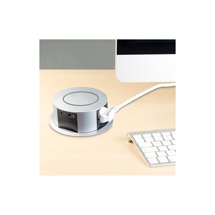 Stebriček z vtičnicami za namizno desko  3x230V + 2xUSB + brezžično polnjenje