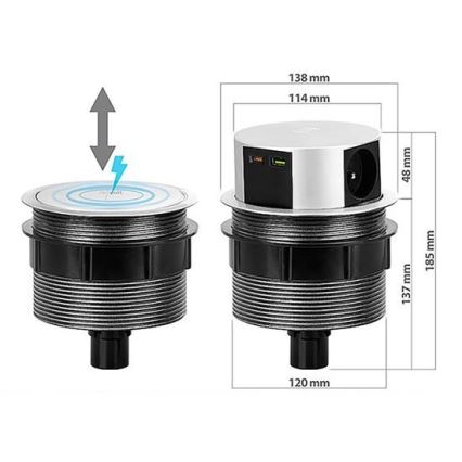 Stebriček z vtičnicami za namizno desko  3x230V + 2xUSB + brezžično polnjenje