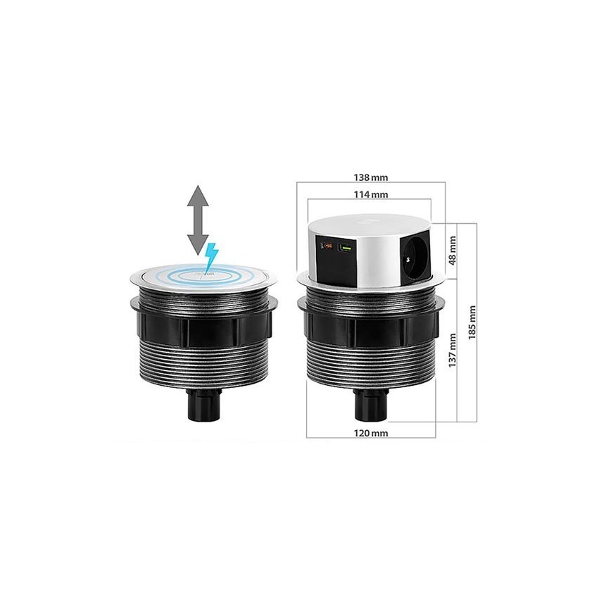 Stebriček z vtičnicami za namizno desko  3x230V + 2xUSB + brezžično polnjenje