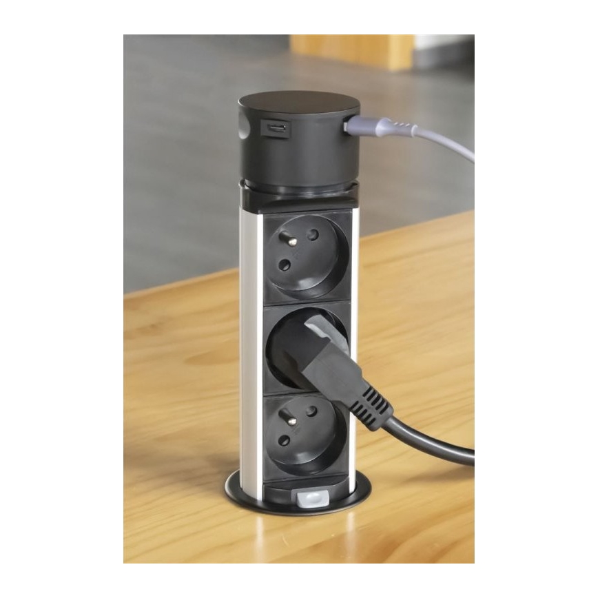Stebriček z vtičnicami za namizno desko 3x230V + 2xUSB črna