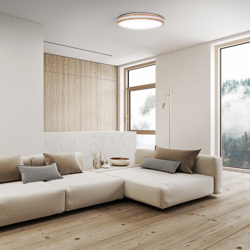 LED Zatemnitvena stropna svetilka WOODY LED/60W/230V 3000-6500K hrast pr. 50 cm + Daljinski upravljalnik