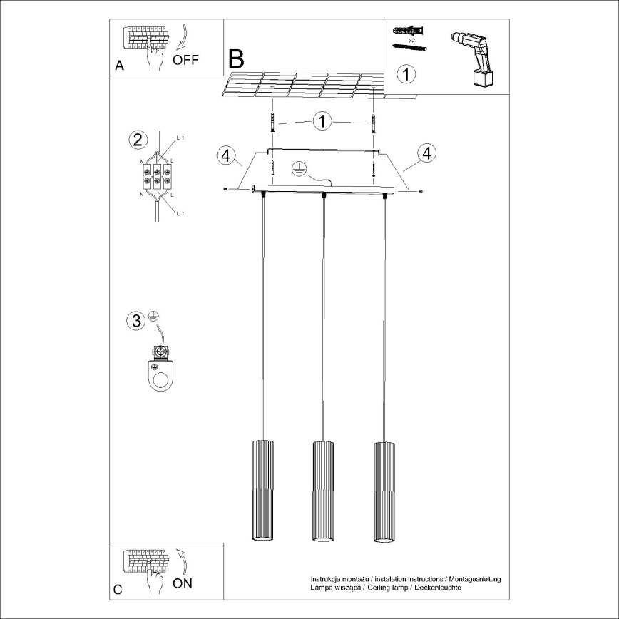 Lestenec na vrvici KARBON 3xGU10/10W/230V črna
