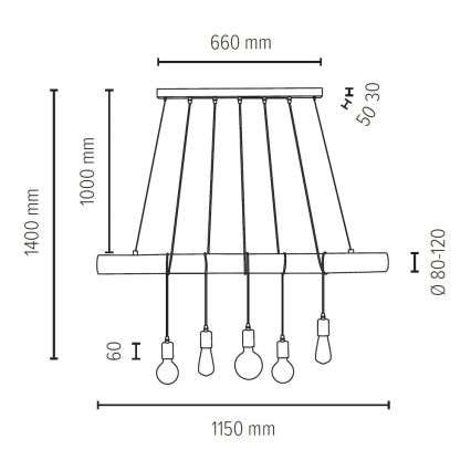 Lestenec na vrvici TRABO 5xE27/60W/230V bor - FSC certifikat