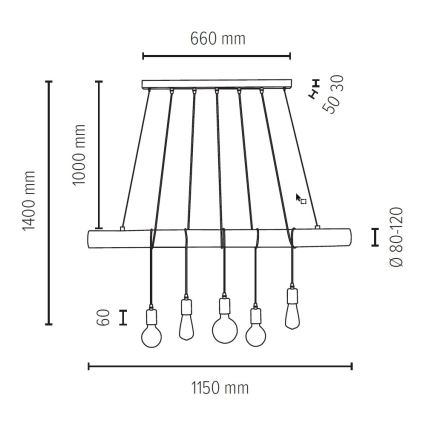 Lestenec na vrvici TRABO 5xE27/60W/230V bor - FSC certifikat