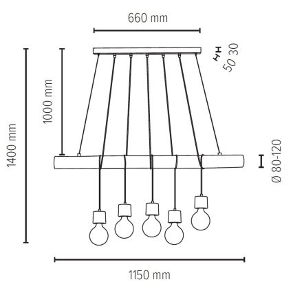 Lestenec na vrvici TRABO 5xE27/60W/230V bor - FSC certifikat