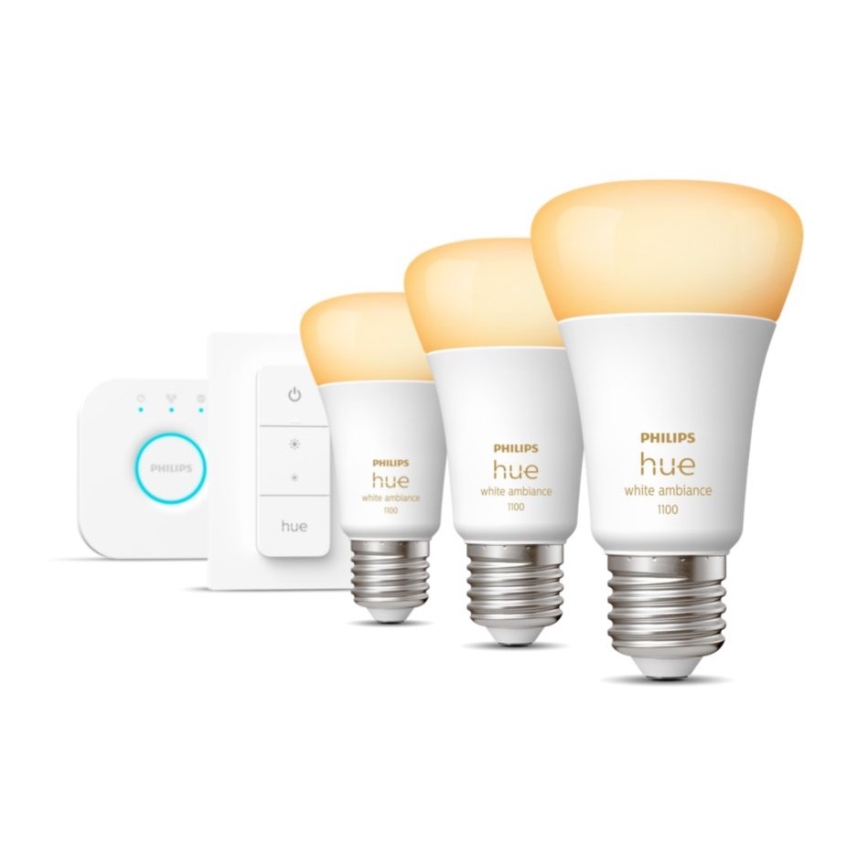 Starter kit Philips Hue White Ambiance 3xE27/11W 2200-6500K + naprava za medsebojno povezovanje in Daljinski upravljalnik