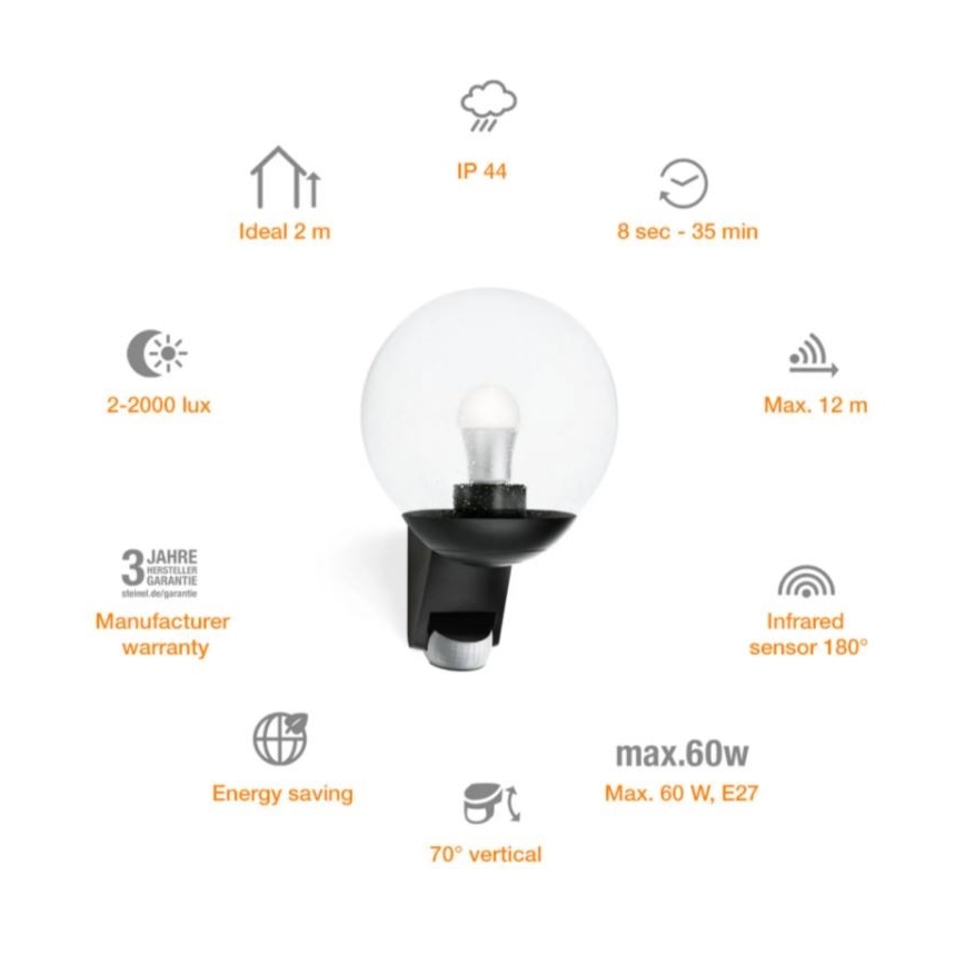 STEINEL 005535 - Zunanja stenska svetilka s senzorjem L585S 1xE27/60W črna IP44