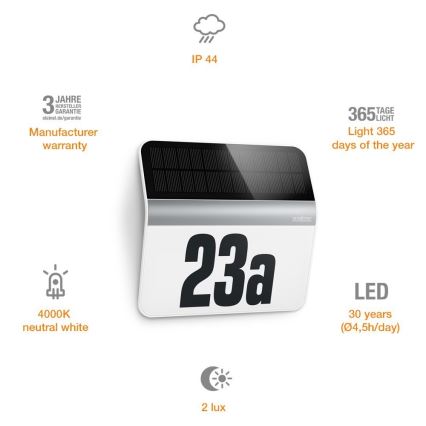 STEINEL 007140 - LED Solarna hišna številka XSolar LH-N LED/0,03W nerjaveče jeklo IP44 2500 mAh