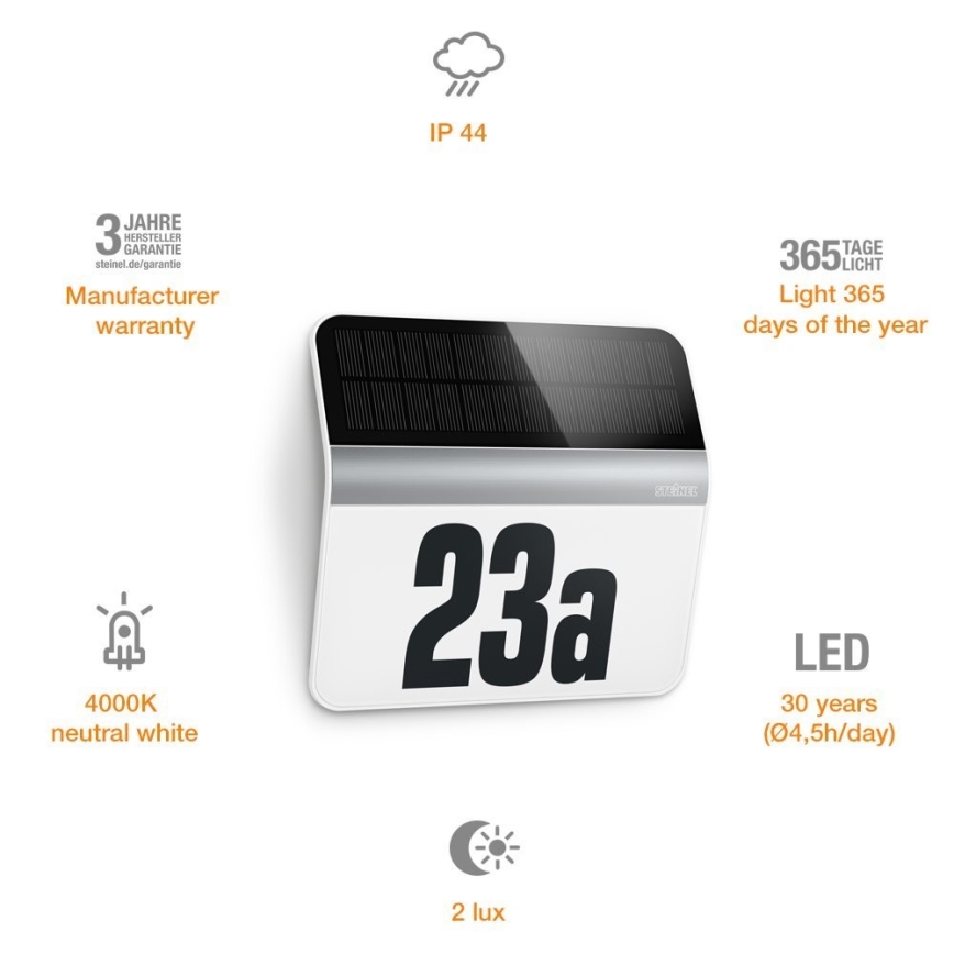 STEINEL 007140 - LED Solarna hišna številka XSolar LH-N LED/0,03W nerjaveče jeklo IP44 2500 mAh