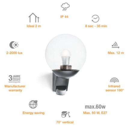 Steinel 035723 - Zunanja stenska svetilka s senzorjem L585S 1xE27/60W/230V