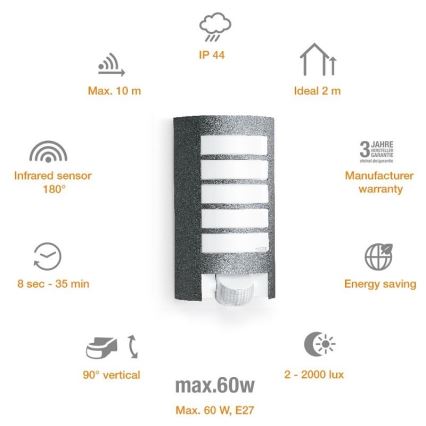 STEINEL 657819 - Zunanja svetilka s senzorjem L12 1xE27/60W/230V IP44