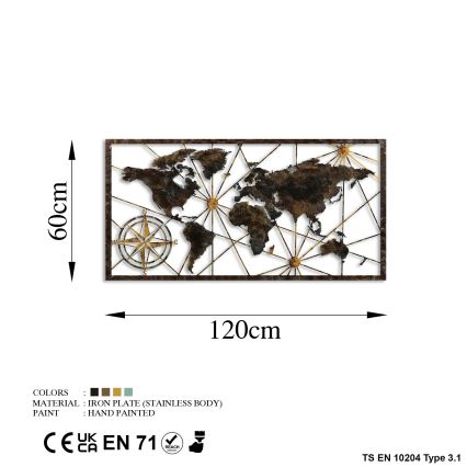 Stenska dekoracija 120x60 cm world zemljevid kovina