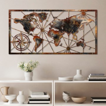 Stenska dekoracija 120x60 cm world zemljevid kovina