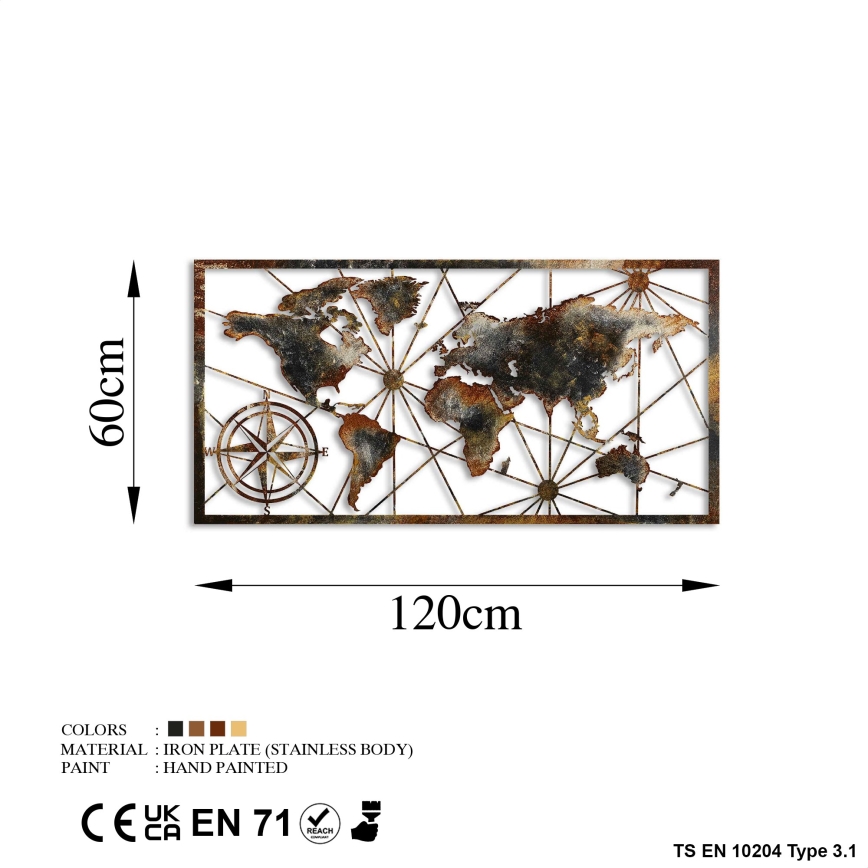 Stenska dekoracija 120x60 cm world zemljevid kovina