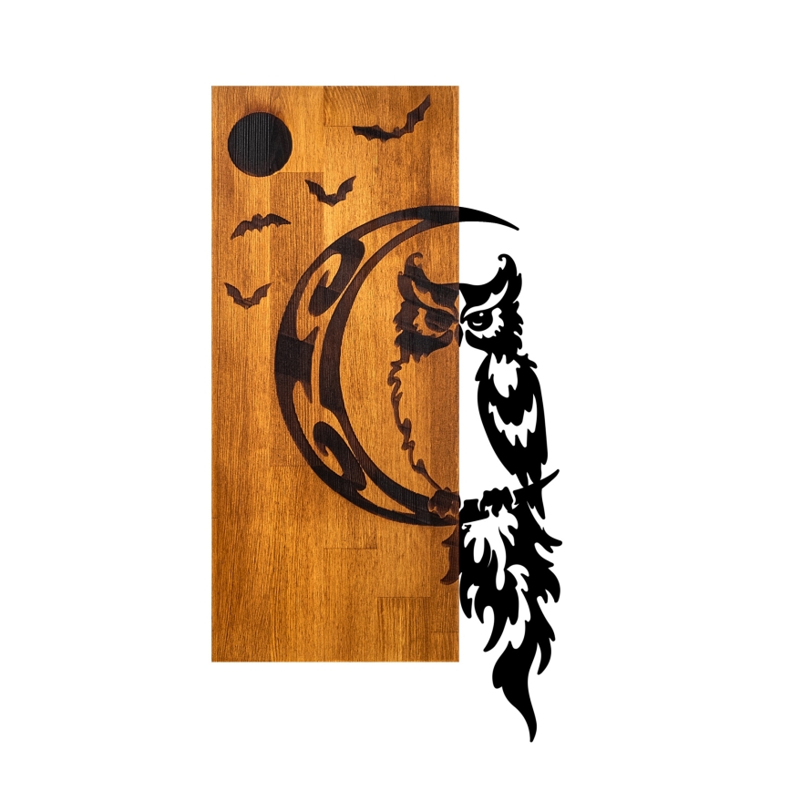Stenska dekoracija 36x66 cm sova les/kovina