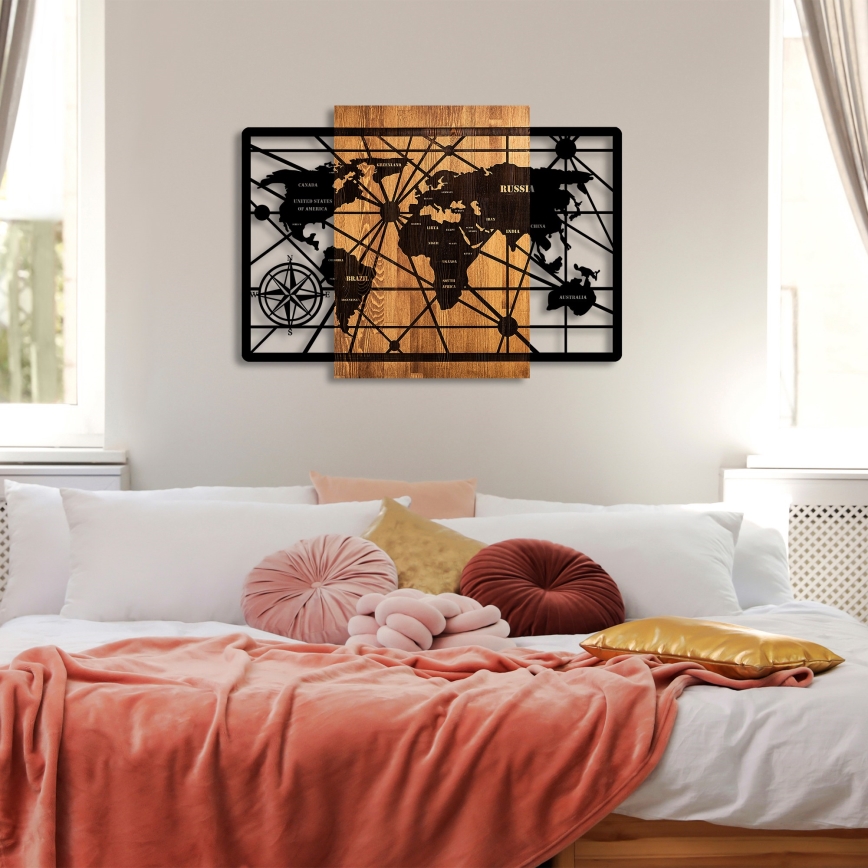 Stenska dekoracija 96x70 cm zemljevid les/kovina