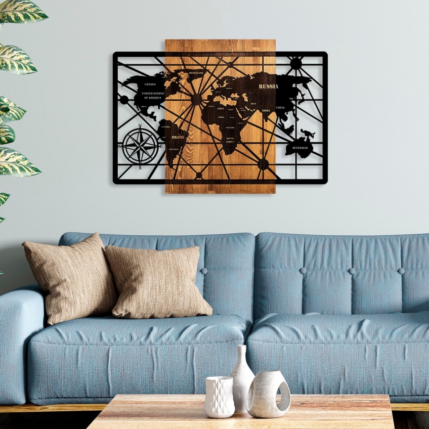Stenska dekoracija 96x70 cm zemljevid les/kovina