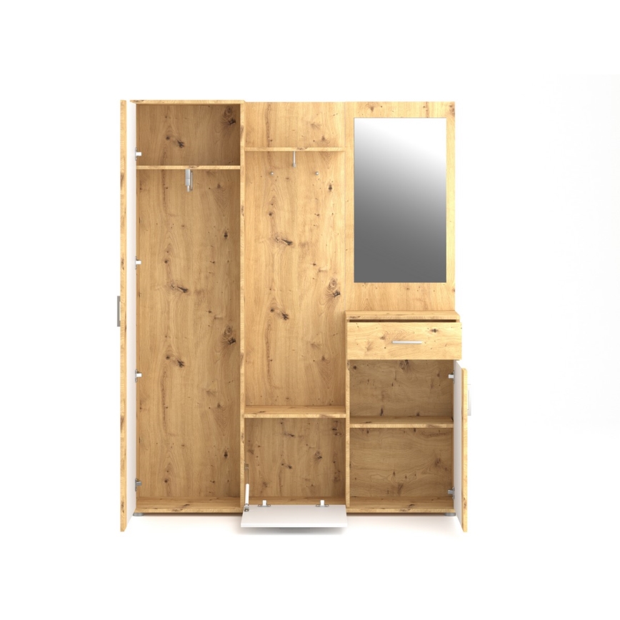 Stenska garnitura za predsobo z ogledalom NOLAN, hrast artisan/bela