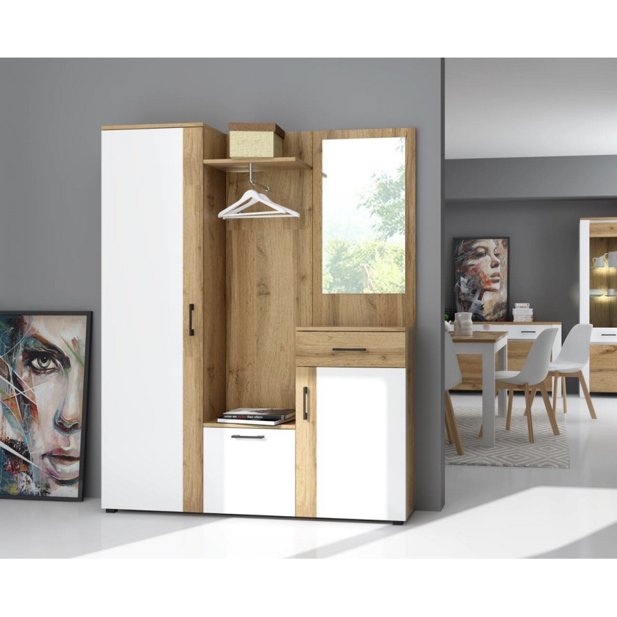 Stenska garnitura za predsobo z ogledalom NOLAN, hrast artisan/bela