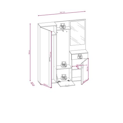 Stenska garnitura za predsobo z ogledalom NOLAN, hrast artisan/bela