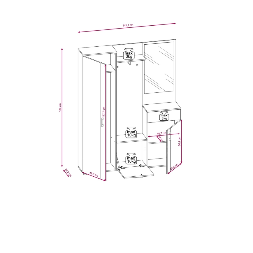 Stenska garnitura za predsobo z ogledalom NOLAN, hrast artisan/bela