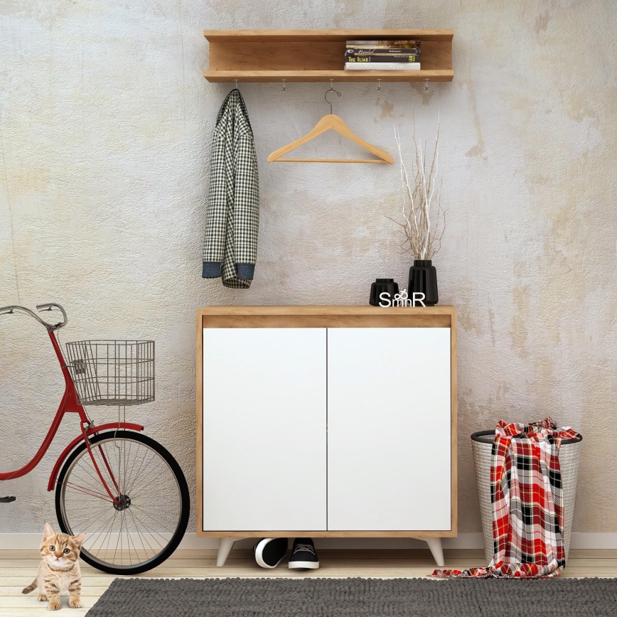 Stenski obešalnik OBSOYO 15x80 cm + omara za čevlje 100x80 cm rjava/bela