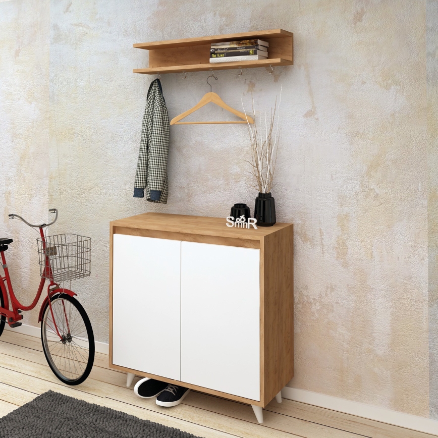 Stenski obešalnik OBSOYO 15x80 cm + omara za čevlje 100x80 cm rjava/bela