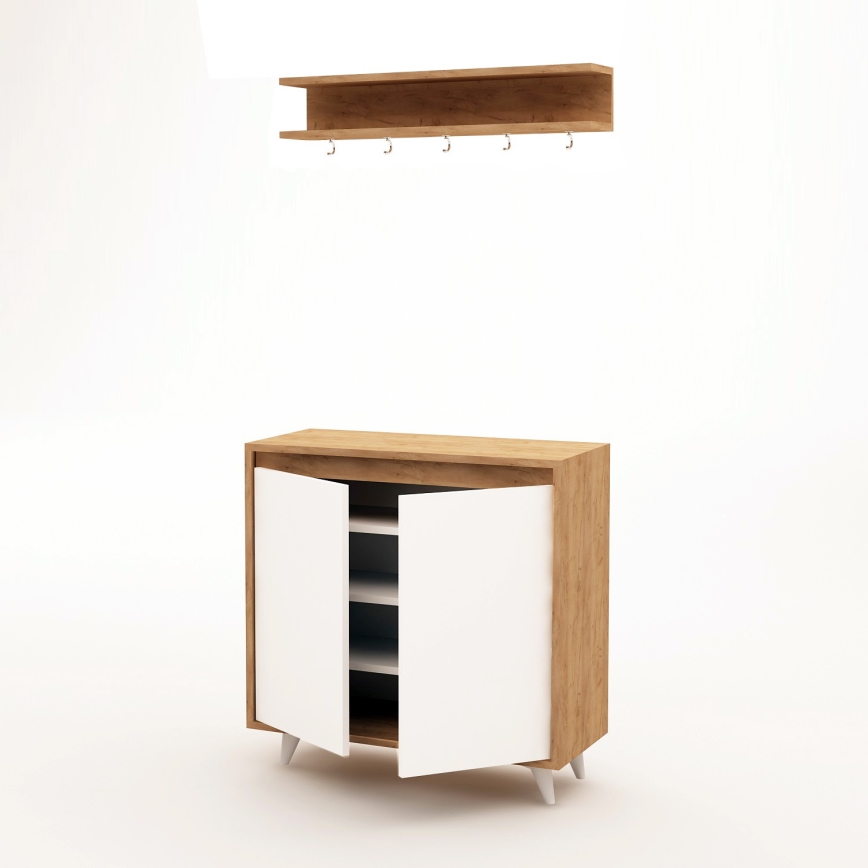 Stenski obešalnik OBSOYO 15x80 cm + omara za čevlje 100x80 cm rjava/bela