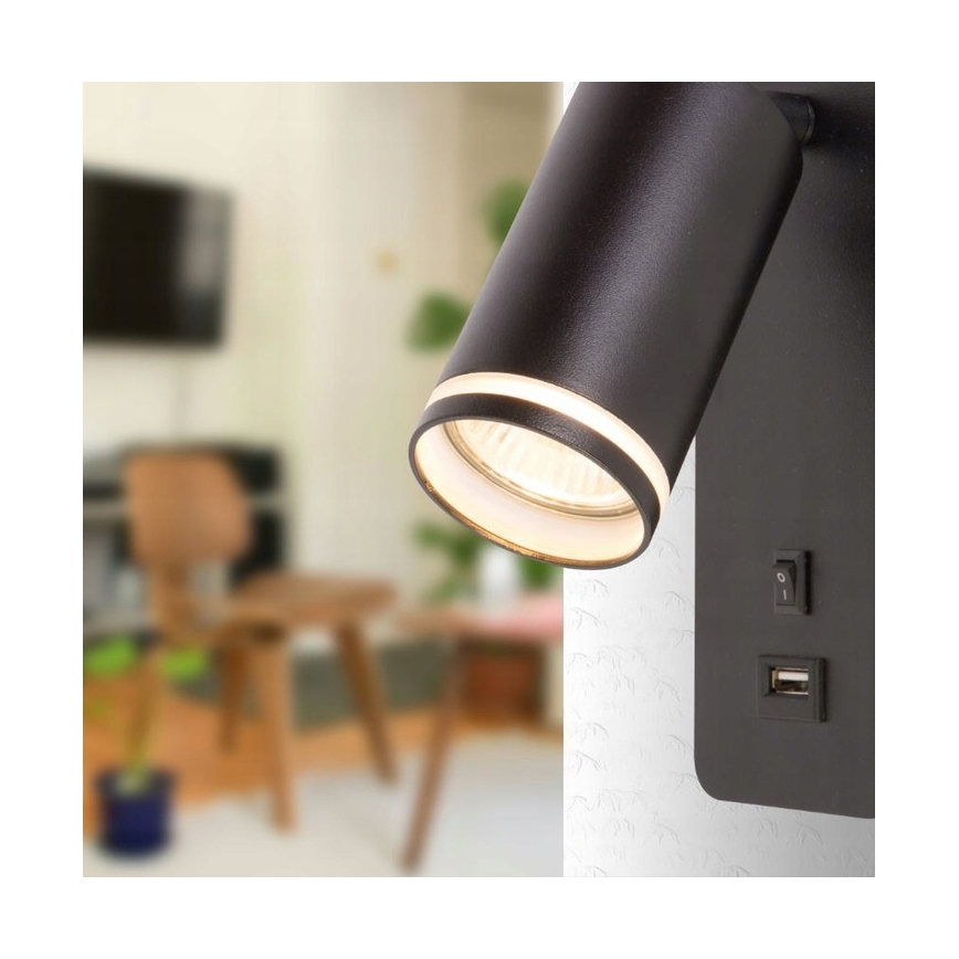 Stenski reflektor z USB polnilcem 1xGU10/35W/230V črna