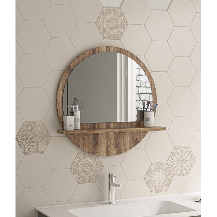 Stensko ogledalo s polico 45x45 cm rjava