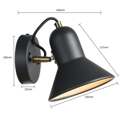 Stensko usmerjeno svetilo ASTAMA 1xE27/40W/230V, črna/medenina