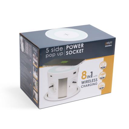 Vtičnični stolpec za vgradnjo v ploščo mize z brezžičnim polnjenjem, 4×230 V + 2×USB‑A + 2×USB‑C, bela