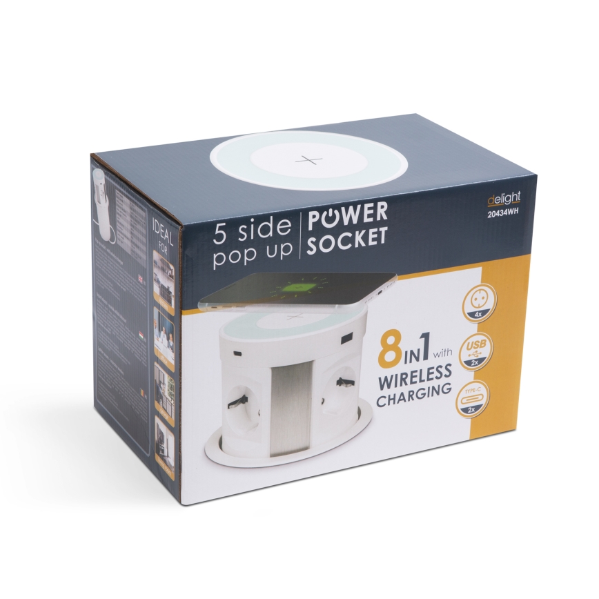Vtičnični stolpec za vgradnjo v ploščo mize z brezžičnim polnjenjem, 4×230 V + 2×USB‑A + 2×USB‑C, bela