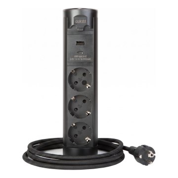 Stolpec z vtičnicami za namizno ploščo 3×230 V + USB‑A + USB‑C, črn