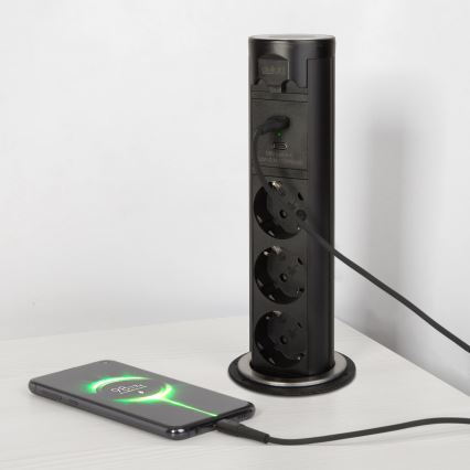 Stolpec z vtičnicami za namizno ploščo 3×230 V + USB‑A + USB‑C, črn