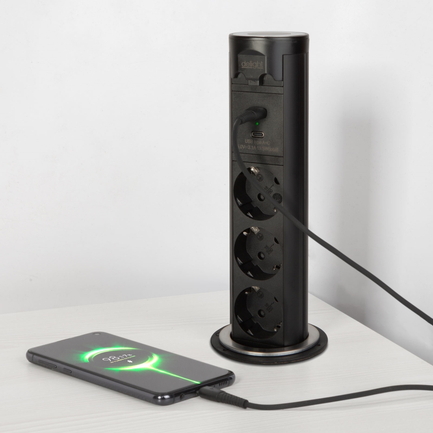 Stolpec z vtičnicami za namizno ploščo 3×230 V + USB‑A + USB‑C, črn