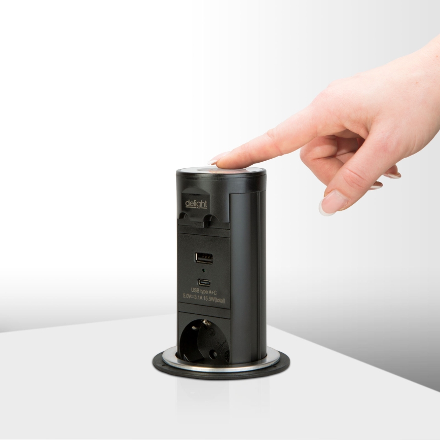 Stolpec z vtičnicami za namizno ploščo 3×230 V + USB‑A + USB‑C, črn