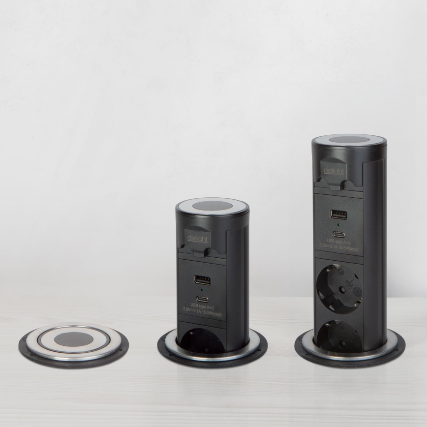 Stolpec z vtičnicami za namizno ploščo 3×230 V + USB‑A + USB‑C, črn