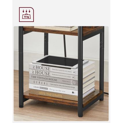 Stranska mizica ROD, rjava/črna, z vgrajenimi vtičnicami in USB-priključki