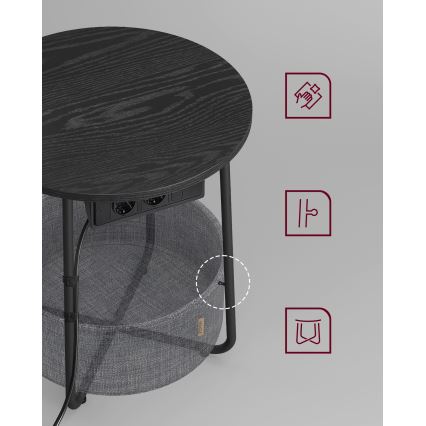 Stranska mizica z vgrajenimi vtičnicami in USB-priključki NOIRA 45 cm siva/črna