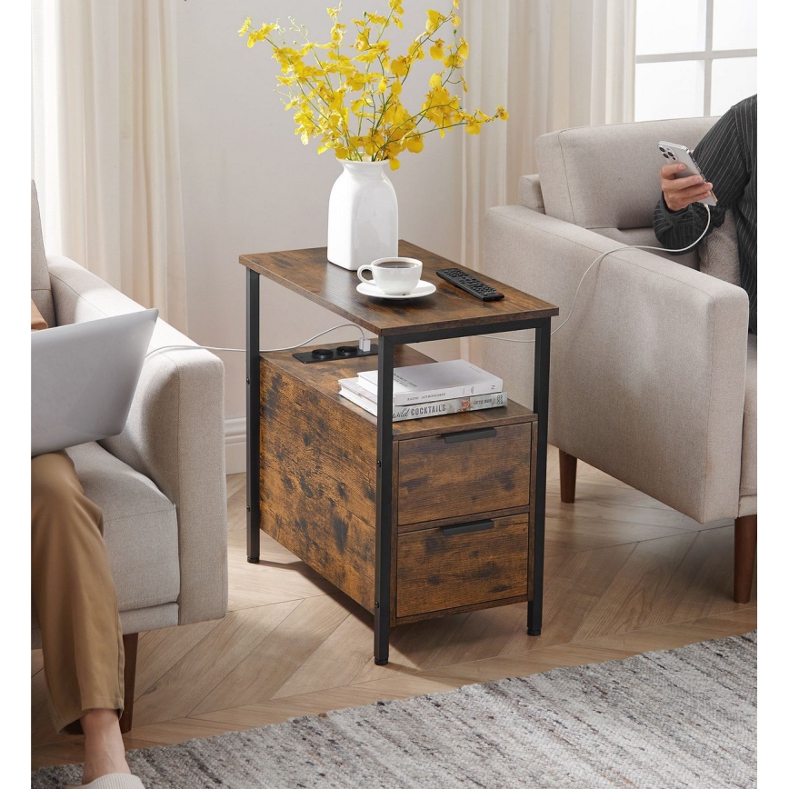 Stranska mizica z vgrajenimi vtičnicami in USB-priključki ROD rjava/črna