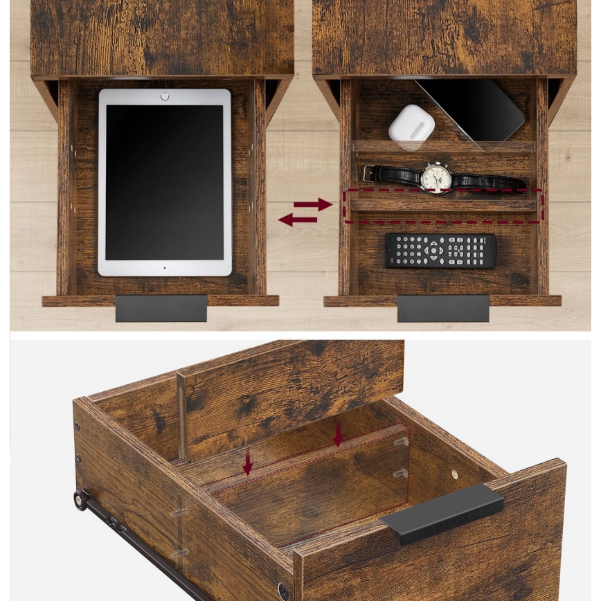 Stranska mizica z vgrajenimi vtičnicami in USB-priključki ROD rjava/črna