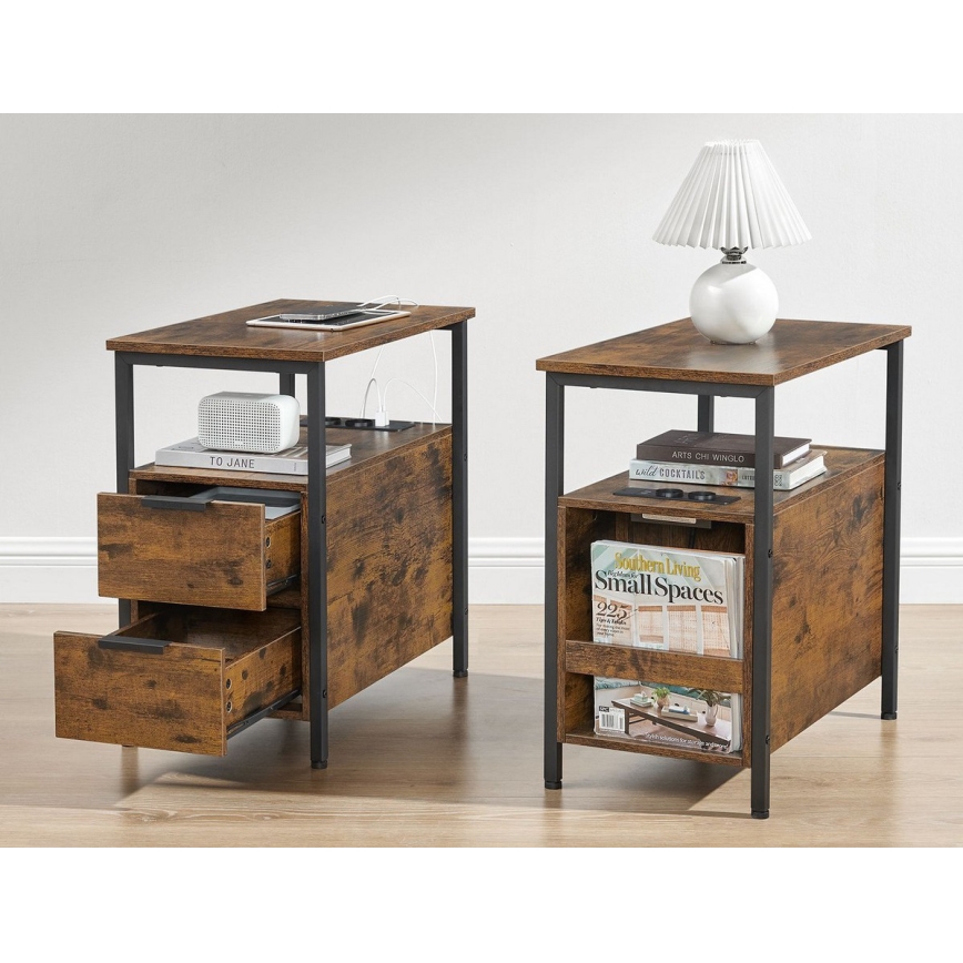 Stranska mizica z vgrajenimi vtičnicami in USB-priključki ROD rjava/črna