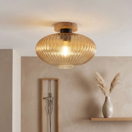 Stropna svetilka MILOU WOOD 1xE27/15W/230V, hrast/dimna bež, premer 29 cm