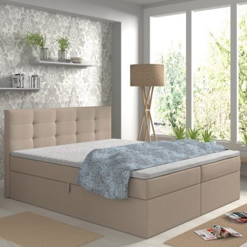 Tapecirana postelja EMBER 160x200 cm z vzmetnicami, topperjem in predalom za shranjevanje, bežna