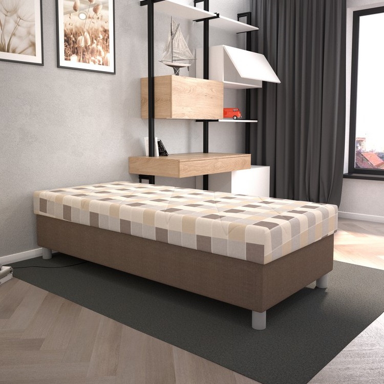 Tapecirana postelja GEORGE 90x200 cm z vgrajenim prostorom za shranjevanje in vzmetnico, rjava