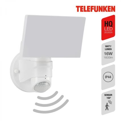 Telefunken 304306TF - LED Zunanja stenska svetilka s senzorjem LED/16W/230V IP44 bela