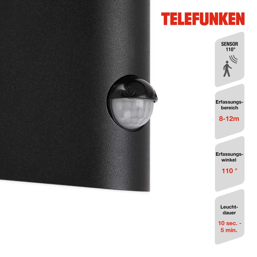 Telefunken 312505TF-LED Zunanja stenska svetilka s senzorjem LED/10W/230V IP44 črna