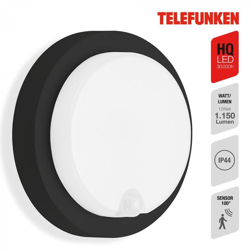 Telefunken 315305TF - LED Zunanja stenska svetilka s senzorjem LED/12W/230V IP44 črna